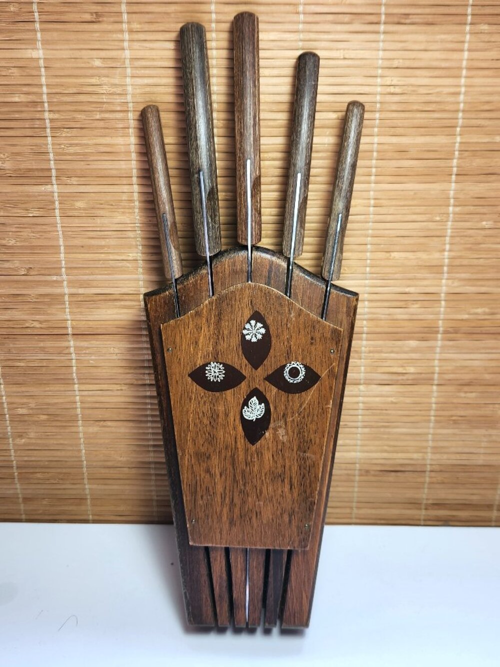 Vintage Imperial Japan Knife Block Hand Carved Inlaid Wood Wall Set 1960s MCM